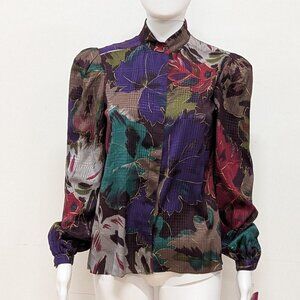 Vintage Albert Nipton Floral purple red green silk blouse